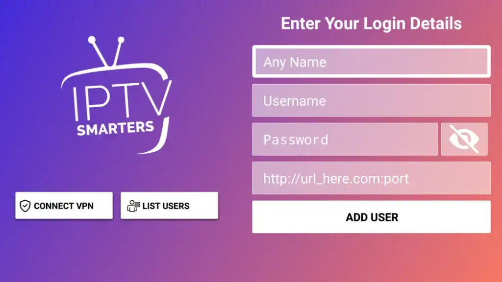 Alternate login screen for IPTV Smarters with username, password, and server details.