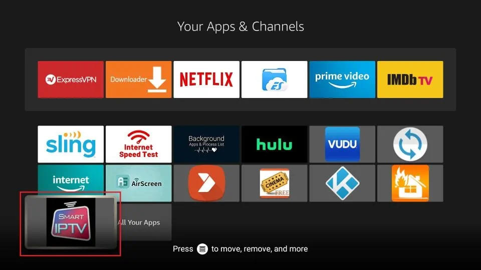 Firestick “Search” screen with IPTV app highlighted.)