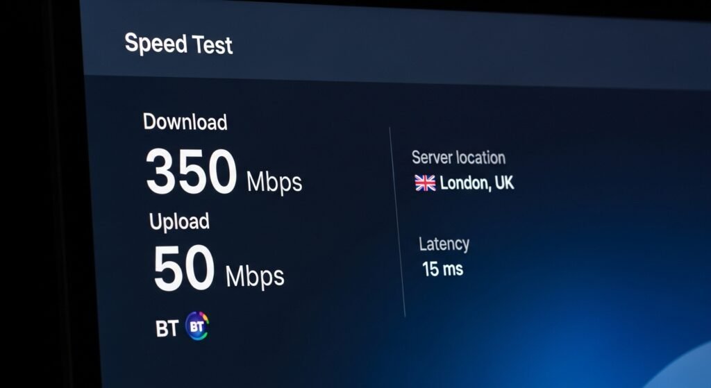Screenshot idea: speed test result on a UK broadband line.