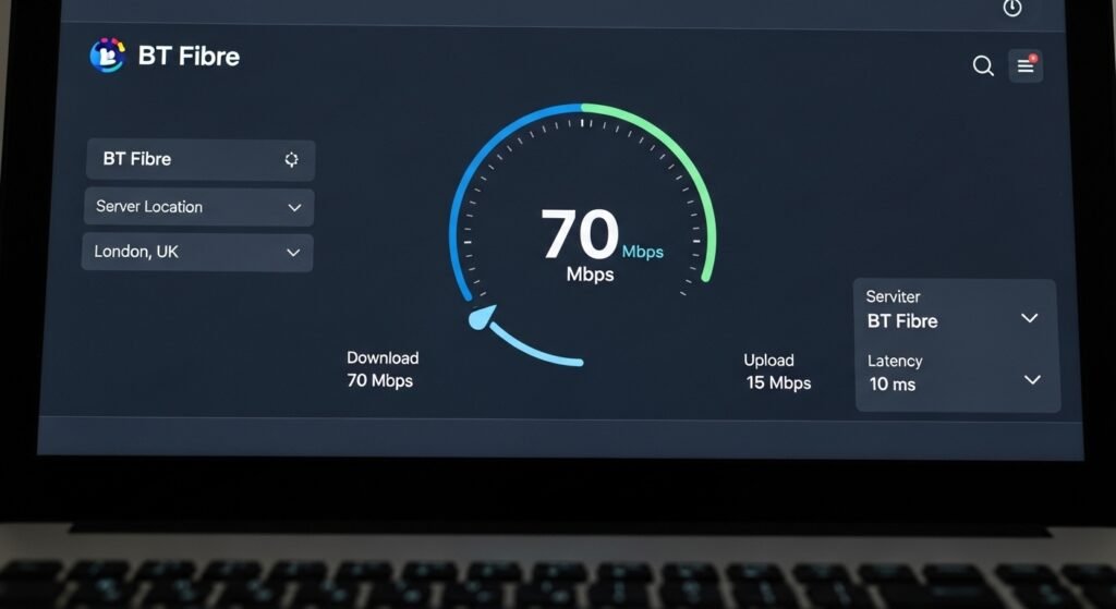 (Screenshot idea: Speedtest result on a UK broadband connection, e.g. 70 Mbps