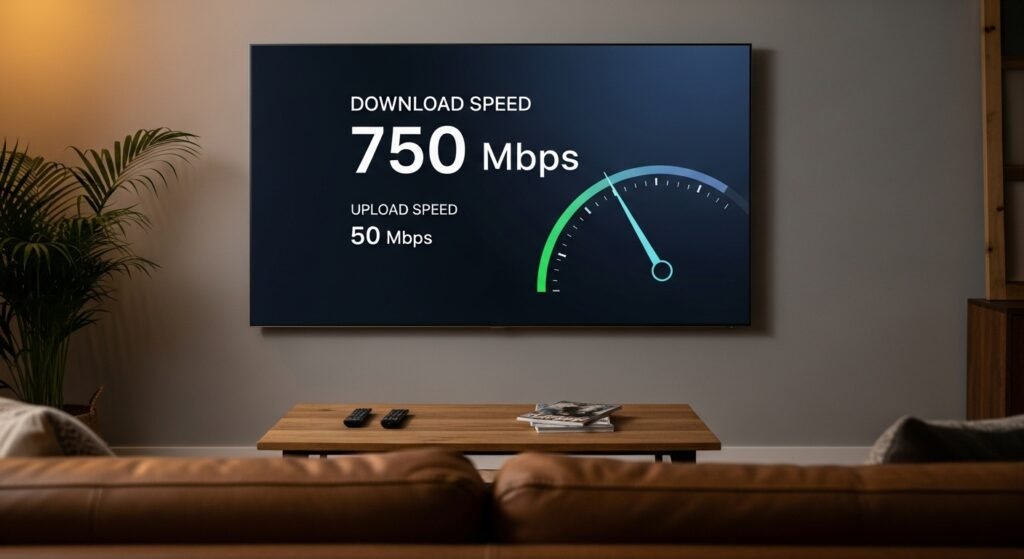 speed test result showing download speed near a living-room TV
