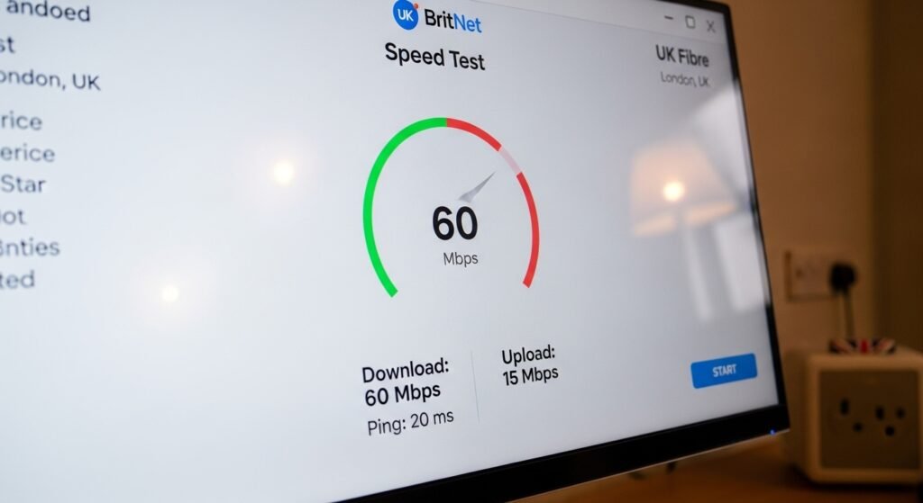 speed test result showing 60 Mbps download in a UK household